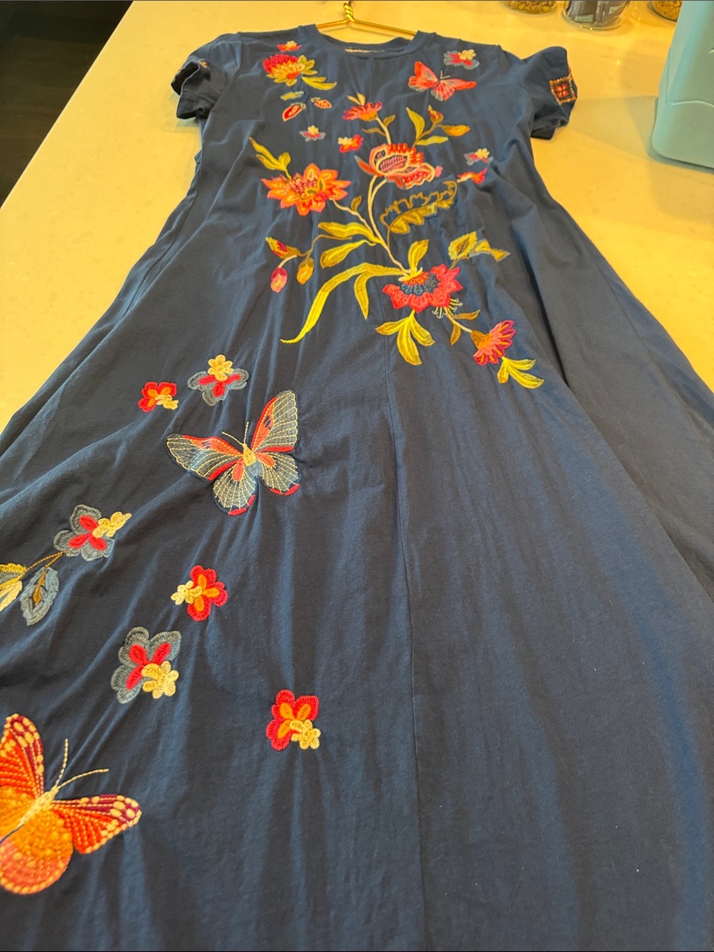 Johnny Was Navy Blue Embroidered Butterfly & Floral Casual Dress